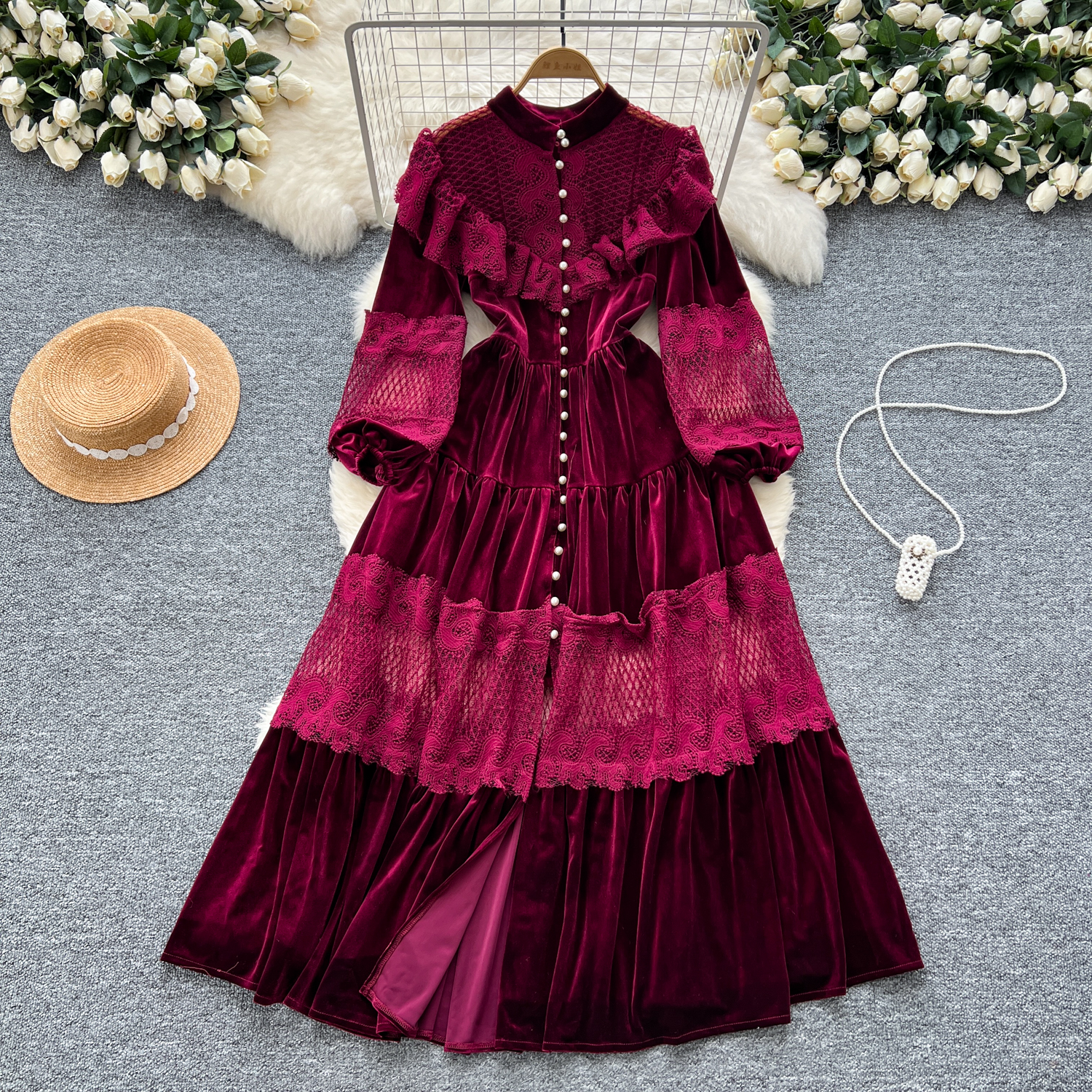 Casual Dresses French Vintage Lace Embroidery Patchwork Velvet Lantern Sleeve Maxi Dress Pearls Buttons Belt Lace Up Wedding Party Prom Vestido 2025
