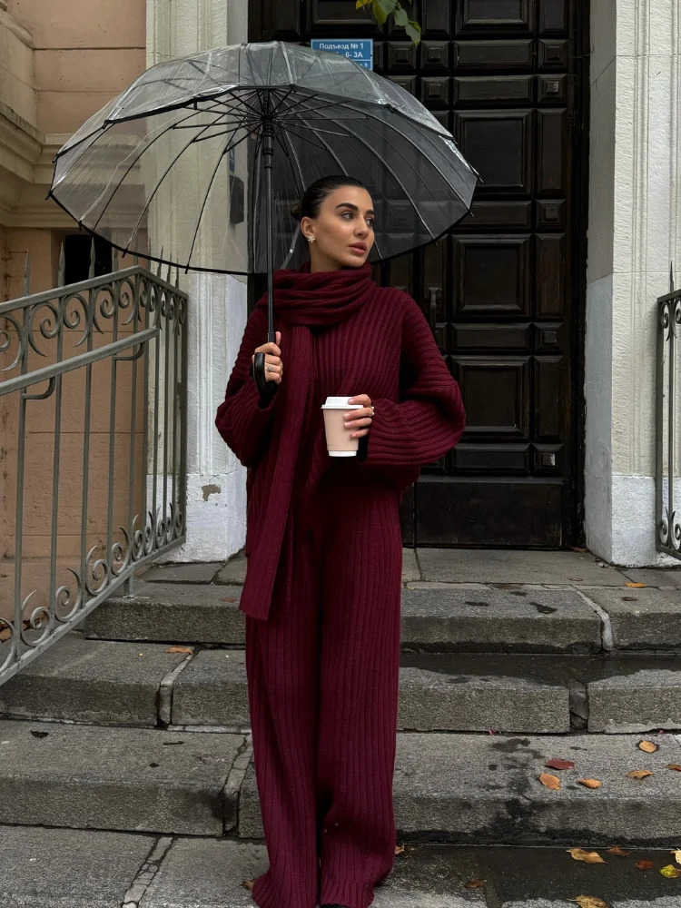 Chic Burgundy Scarf Collar Sweater Set Woman 2 Pieces Fashion Oversize Sweaters Wide Leg Pants 2024 Ladies Street Outwears 241129
