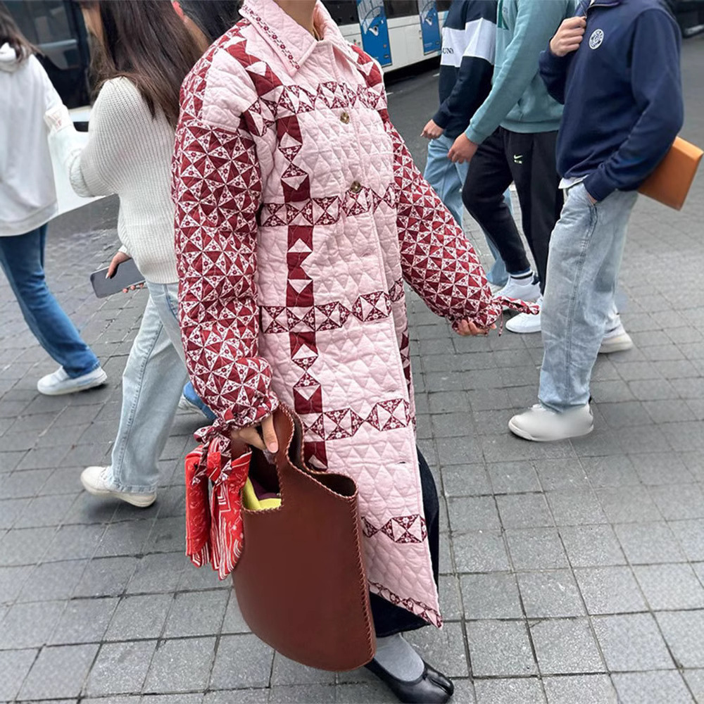 Collar Patchwork Printed Long Sleeved Cotton Jacket, New Pink Loose Fit With Waistband And Tie Up Jacket