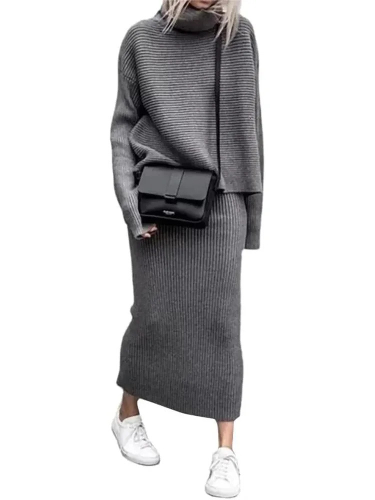 Solid Color Knitted Skirts Two Piece Set Women Winter Knitting Turtleneck Sweater Slim Skirt 2 Sets Lady Trendy Streetwear 241129