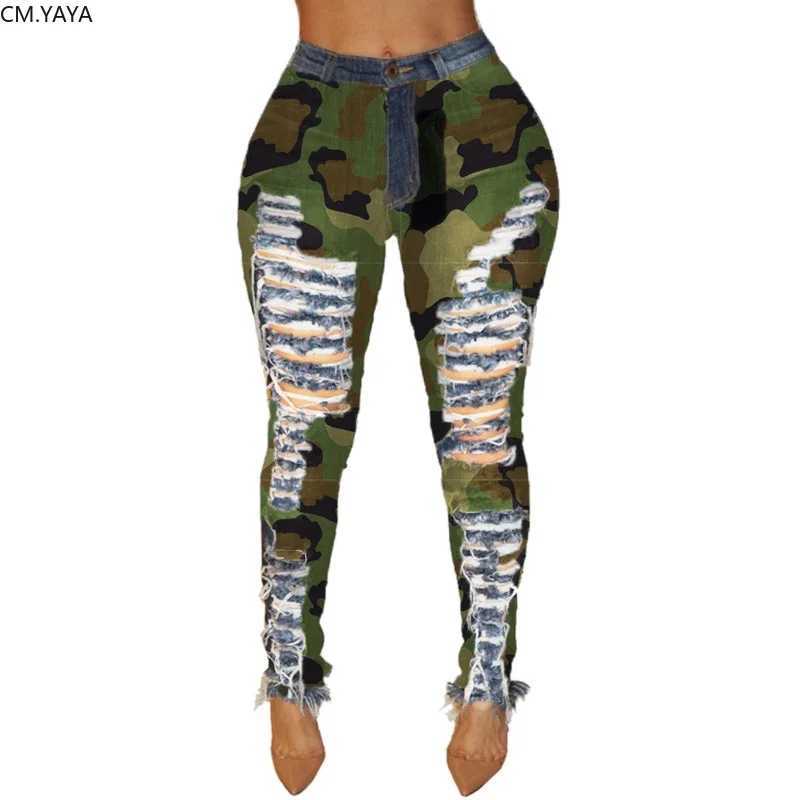 Women's Jeans 2019 Autumn Winter Womens Denim Pants Womens Tight Hole Splicing Camouflage Printed Jeans Sexy Pencil Bandage Trouser H241130