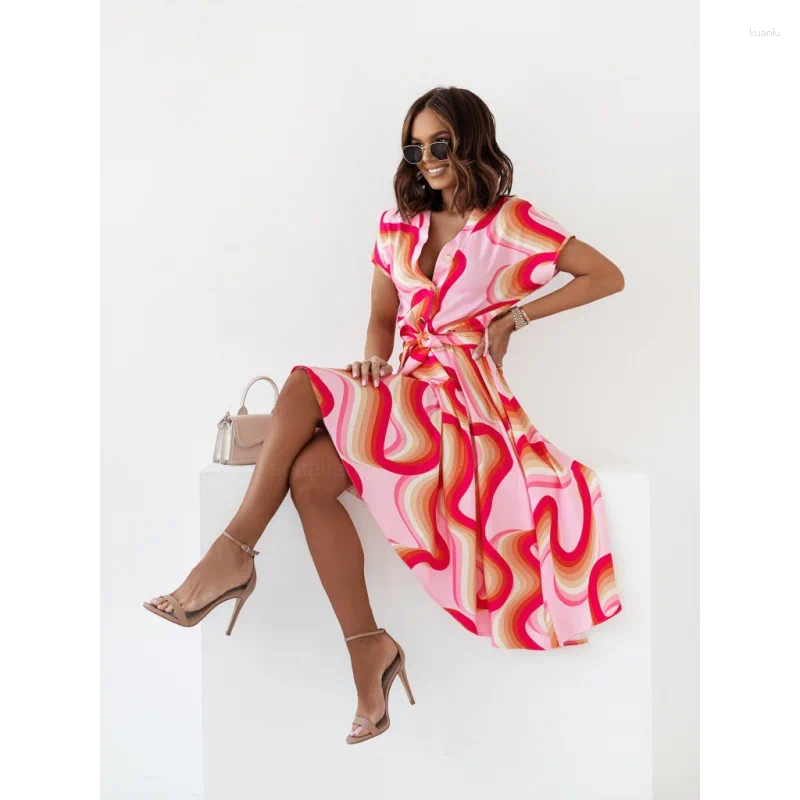 Casual Dresses Summera Fshion Printing Dress Short Sleeve V-neck Female