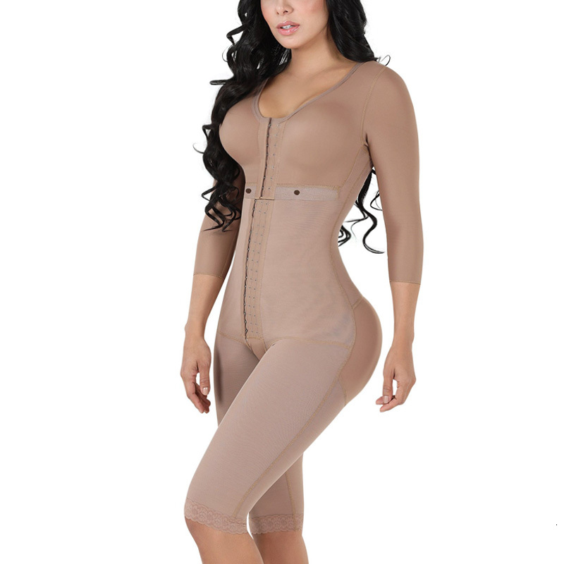 Fas Colombianas Women's Body Shaper Breast Support Side Sleeve Tummy Control Long Bodysuit Shapewear Waist Trainer