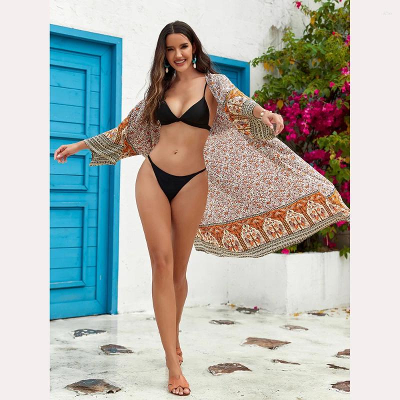 3-color Beach Shawl Cotton Printed Kimono Bikini Sun Protection Shirt Vacation Skirt