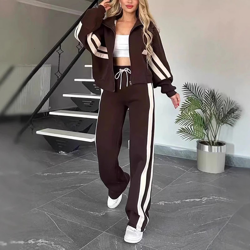 Y2K Two Piece Set Women Fashion Striped Print Lapel Zipper Coat High Waist Pants Outfit Autumn Winter Long Sleeve Suit Tracksuit 241129