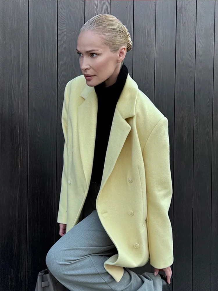 Elegant Lapel With Packet Double Breasted Woolen Coat Women Fashion Yellow Long Sleeve Loose Overcoat Autumn Winter Lady Outwear 241129