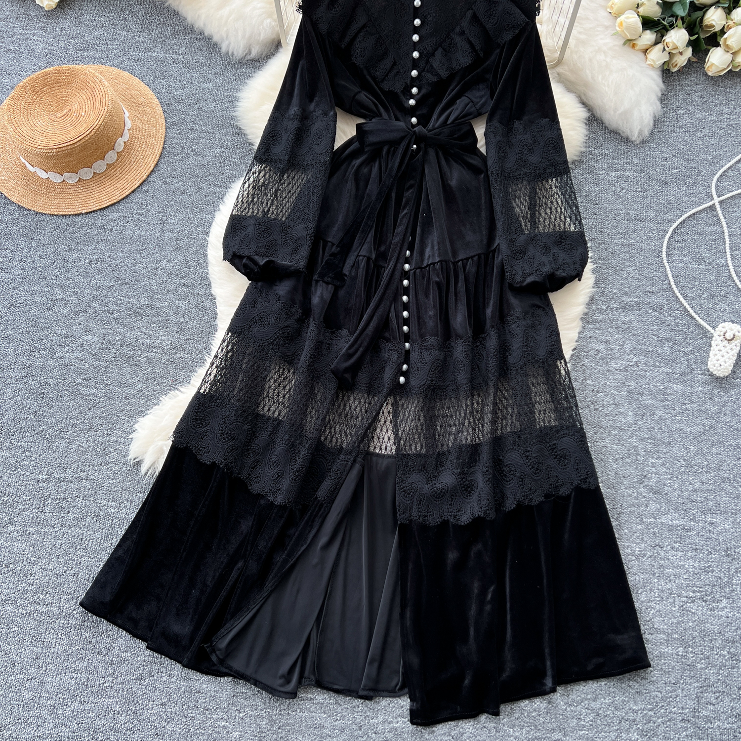 Basic Casual Dresses French Vintage Lace Embroidery Patchwork Velvet Dress Women Long Lantern Sleeve Pearl Buttons Lace Up Wedding Party Prom Vestido
