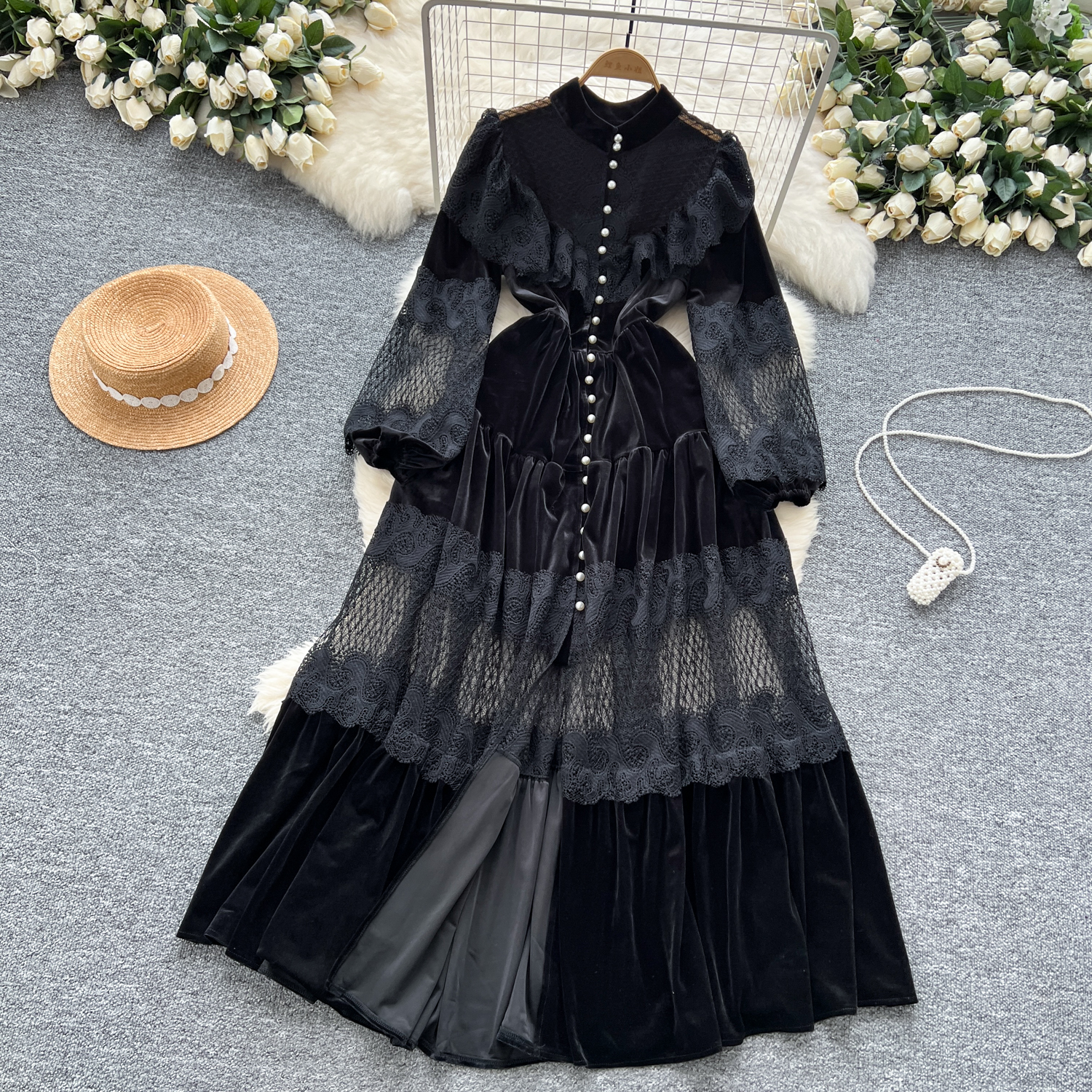 Casual Dresses French Vintage Lace Embroidery Patchwork Velvet Lantern Sleeve Maxi Dress Pearls Buttons Belt Lace Up Wedding Party Prom Vestido 2025