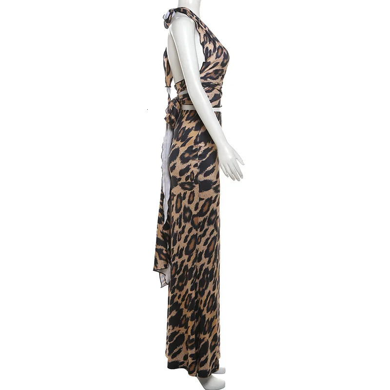 Leopard Print Bodycon Women Y2K Maxi Dress Set Summer Halter Backless Wrap Crop Top Long Skirts Two Piece Matching Sets Outfits 240423