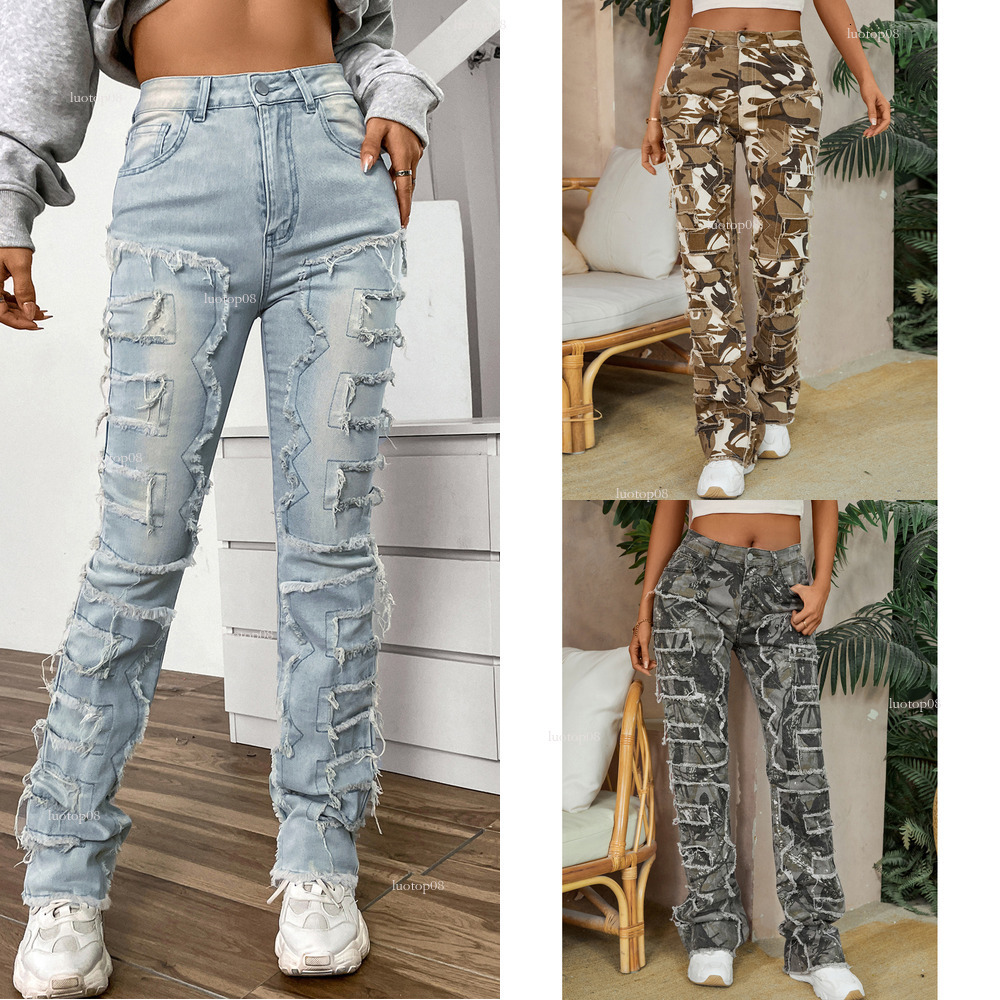 jeans womens designer jeans women Ladies denim embroidered straight leg pants popular fashion Instagram elastic patch denim layered straight leg denim