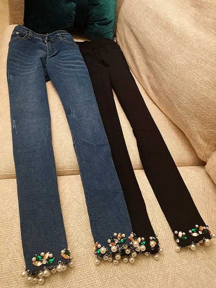 Women's Jeans Fashionable womens blue diamond bead denim pants ankle length pearls spring jeans mens slim fit pencil pants H241130
