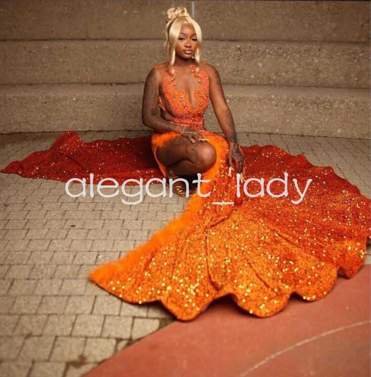 Orange Sparkly Mermaid Evneing Ceremony Party Dresses for Black Girl Luxury Diamond Velvet Slit Prom Gala Formal Dress Wear evening