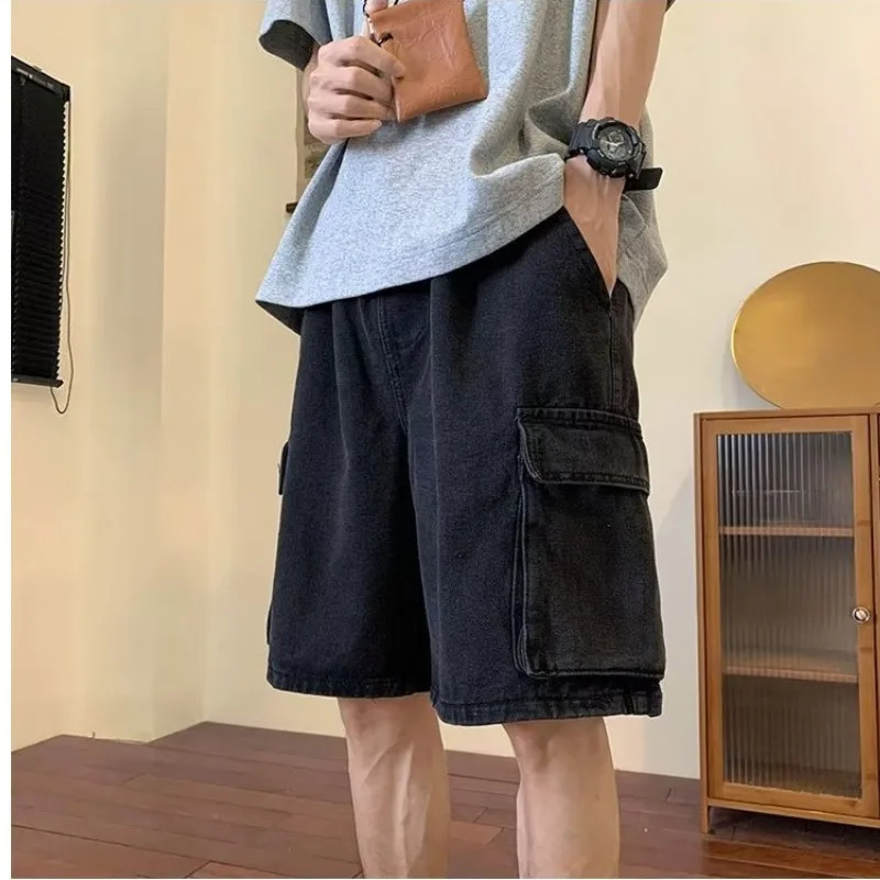 Fashion Casual Retro Blue Cargo Port Style Loose Big Pocket Denim Shorts Men Summer Thin Washed Five Point Pants 240415