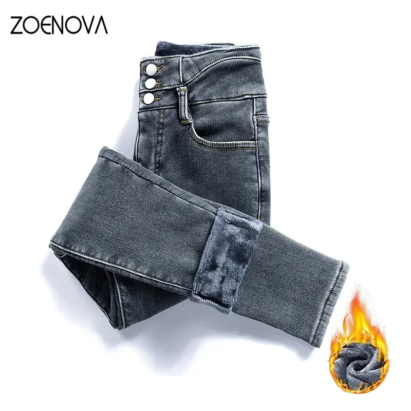 ZOENOVA Warm Y2K Womens Winter Jeans Velvet Thick Denim Pants High Waist Wool Mom Jeans Thin Jeans Thick Wool Elasticity 241122