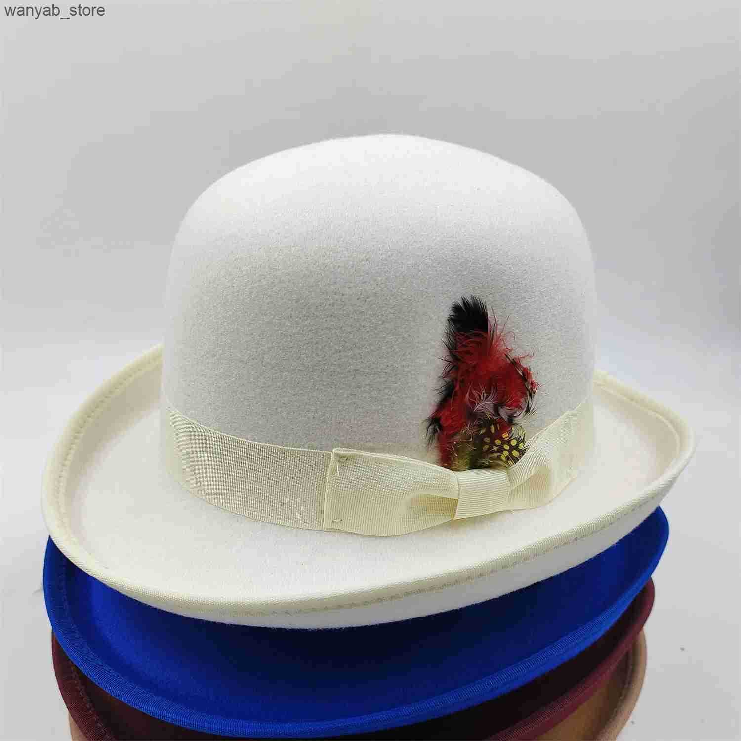 Wide Brim Hats Bucket New High Quality Man Fedora Unisex Gentleman Round Top Cap Cosplay Feather Accessories Derby Bowler Hat British Shape L240910