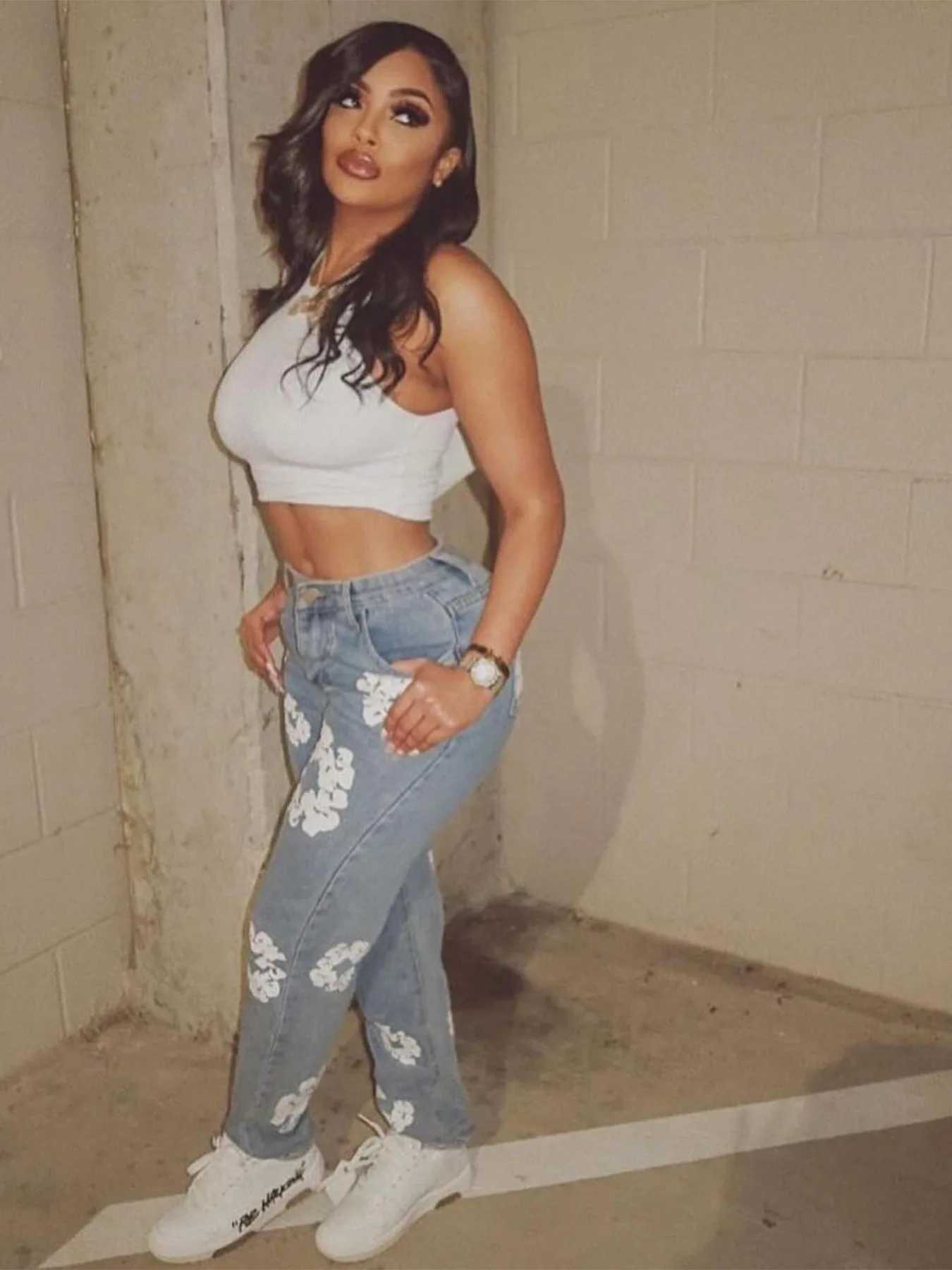 Women's Jeans Floral print jeans elastic pencil sexy womens high waisted elegant T-shirt denim casual pants Z260313