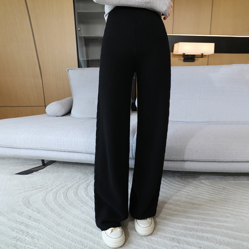 High Quality 100% Wool Women's High Waisted Wide With Side Jacquard Thickened Cashmere Loose Straight Leg Pants
