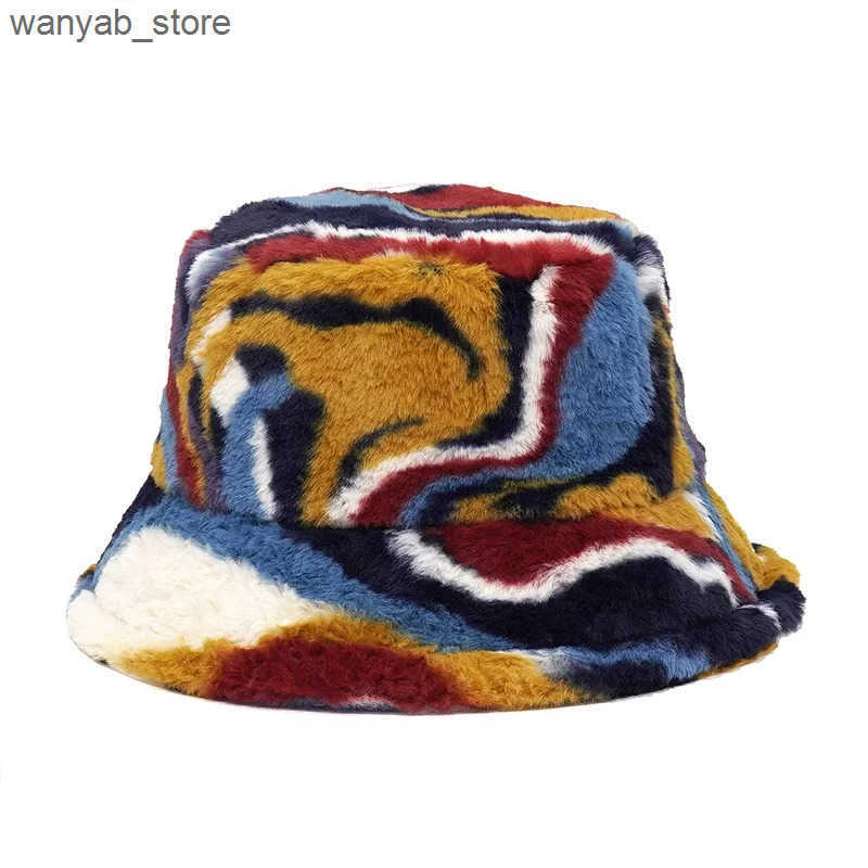 Wide Brim Hats Bucket 2024New Winter Bucket-Hats Fluffy Fur Men Women Panama Hat Fashion Warm Fisherman Cap Letter Rainbow Houndstooth Leopard Printed