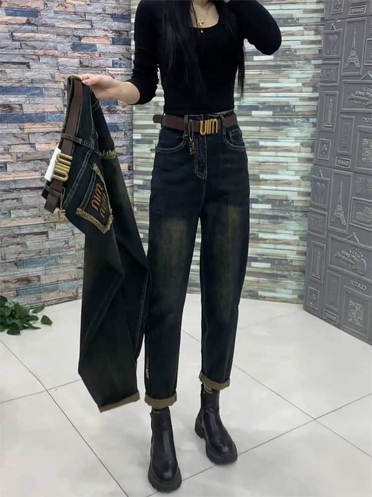 Women's Jeans Y2k womens jeans 2024 new autumn and winter plus size Harlan jeans womens velvet dad pants fat mm thin pear body pants H241130