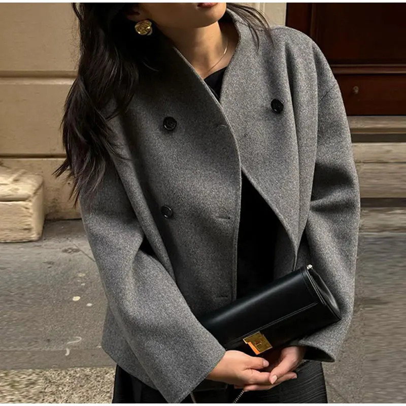 Elegant Double Breasted Short Woolen Coat Fashionable and Simple Commuting Style Womens 241121