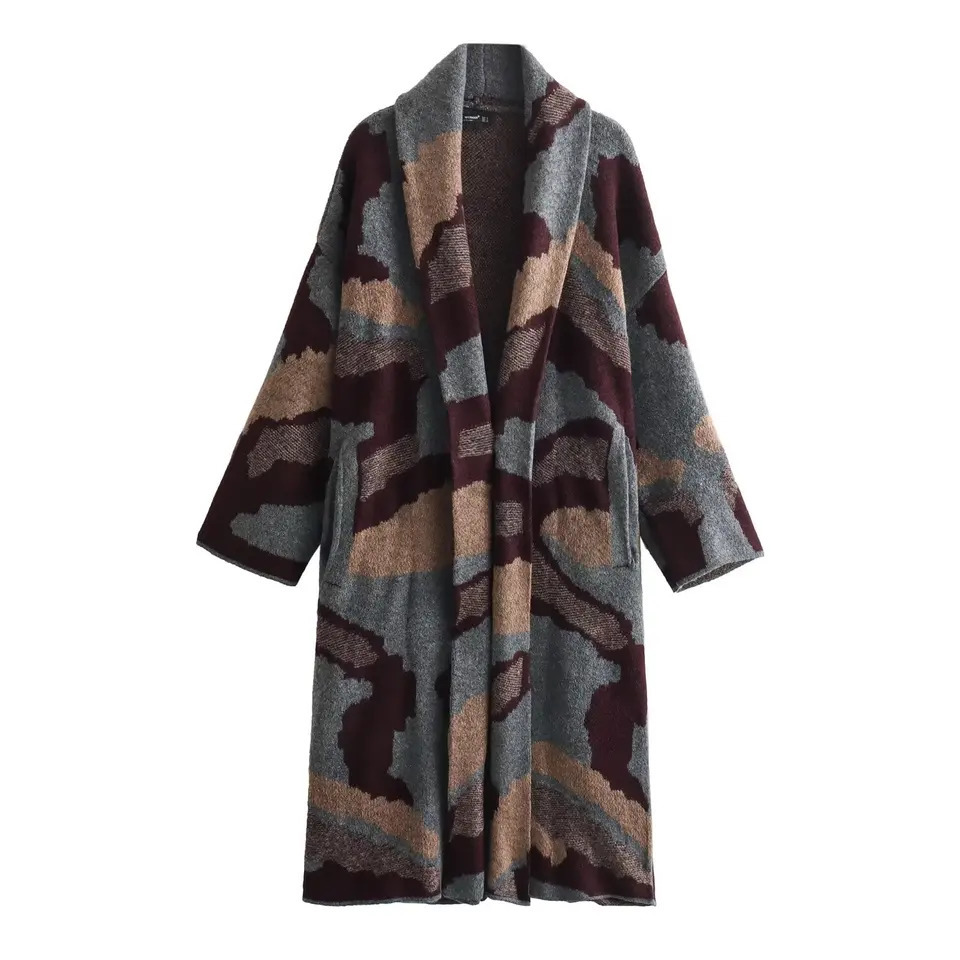 TRAF Elegant Jacquard Knitted Overcoat For Women Lapel Long Sleeves Pockets Cardigan Coat Female Street Shawl 2756105 241121