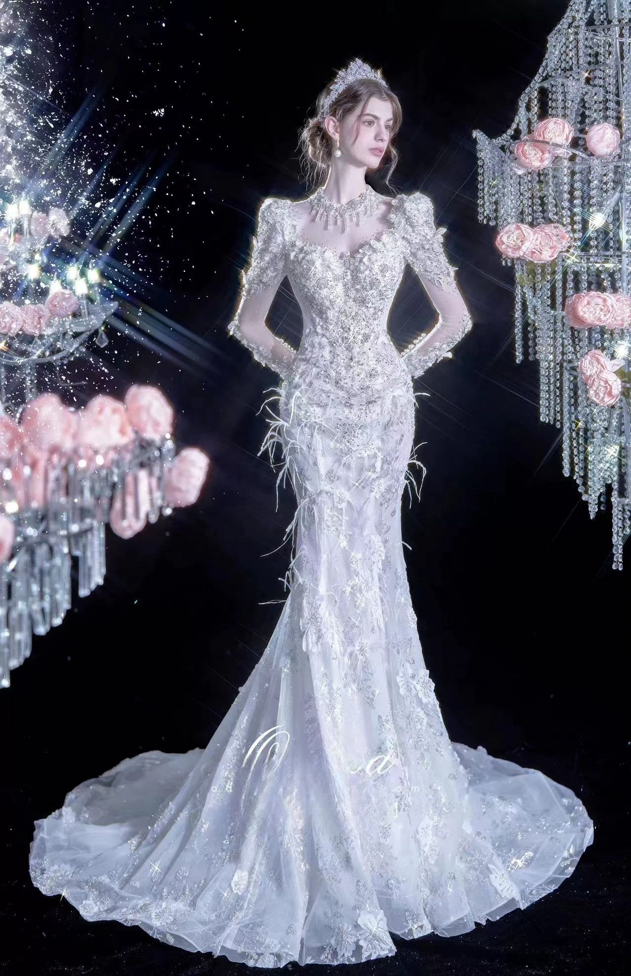 Plus Size Luxurious Lace Beaded Wedding Dresses Arabic Aso Ebi long sleeves crystals pearls beaded Mermaid Bridal Dresses Vintage Wedding Gowns feathe