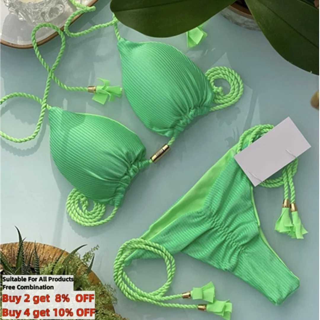 Women's Swimwear Solid Color Crinkled Bikini Set Hand Woven Rope Swimwear S-XL Womens Rear Tie Fastening Swimsuit Two Piece Bathing Suit H241130