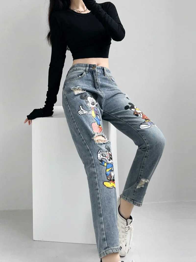 Women's Jeans Cartoon torn jeans womens small print loose high waisted fashionable harem pants Trouser straight jeans hot girl H241130