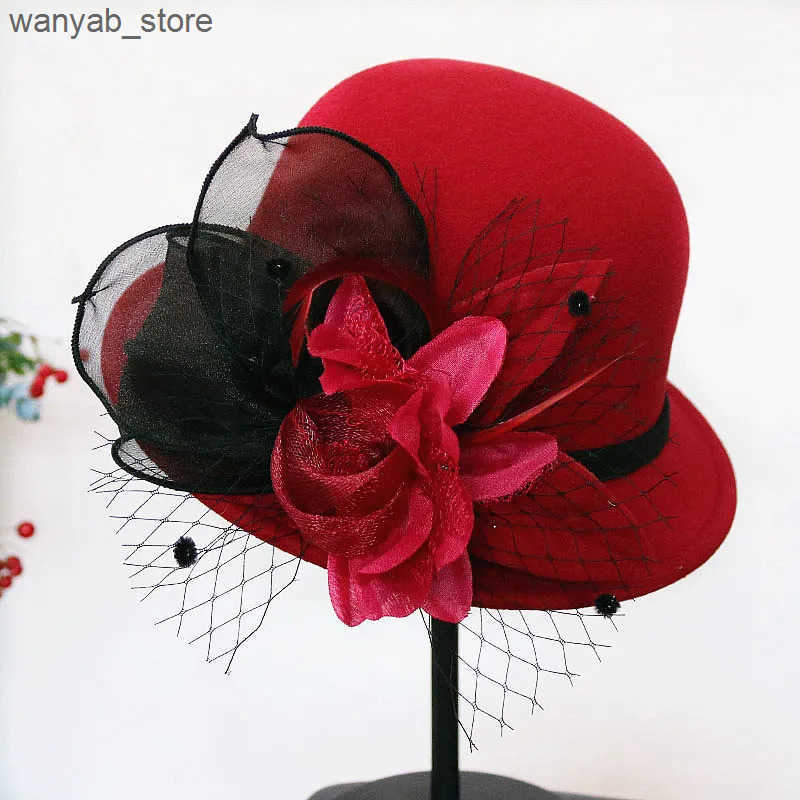 Wide Brim Hats Bucket Hats Autumn Winter Wool Women Elegant Church Hat Ball Ribbon Solid Color Ladies Jazz Cap New Female Bow Bowler Wedding Ceremony 