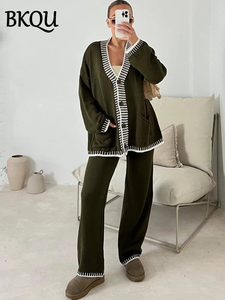 BKQU Knitted Two Piece Set Vneck Button Cardigan Sweater Casual Wide Leg Pants Suits Autumn Winter Lady Tracksuit Outfit 241129