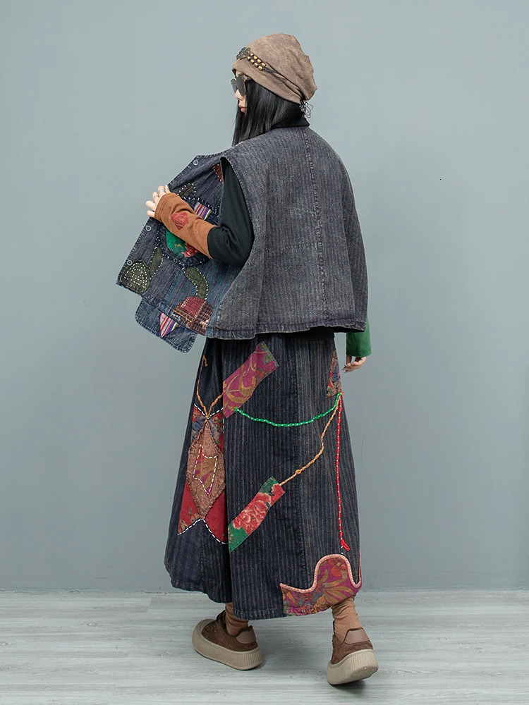 Hand Embroidered Double Layer Old Cloth Vest Skirt Two Piece Set Women Autumn Matching Dress LX2574 241129