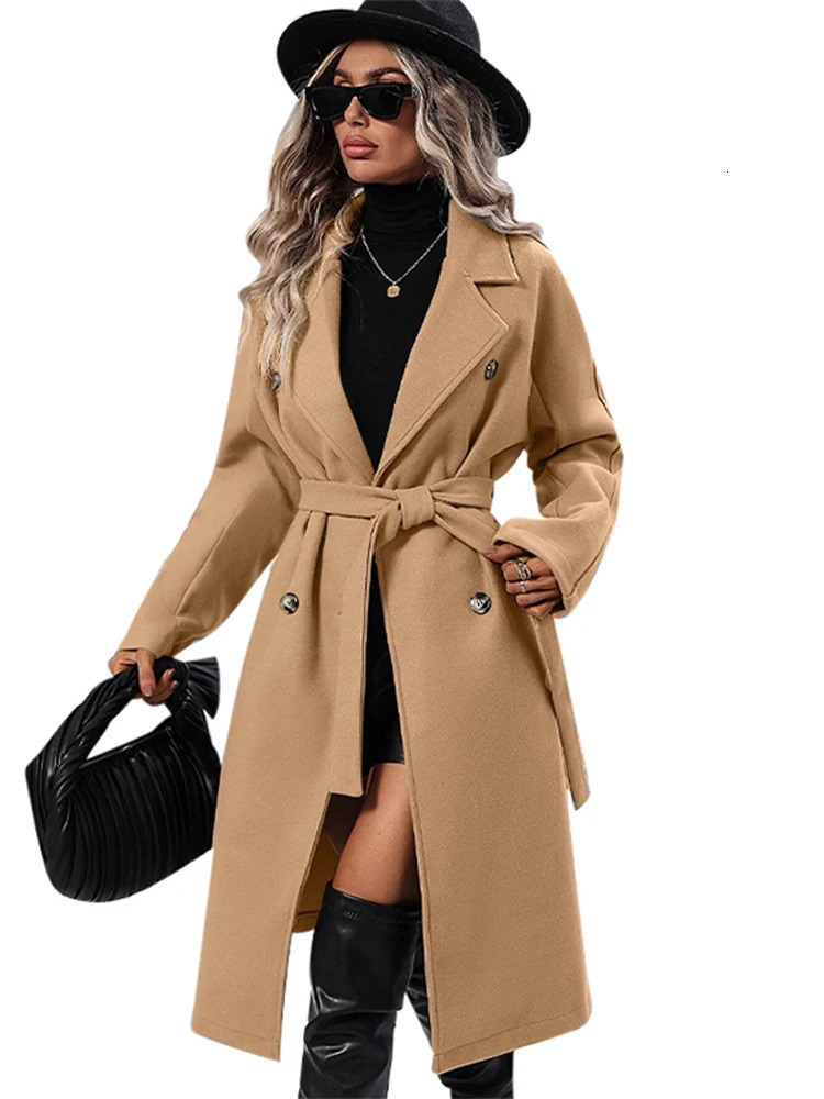 Loose Wool Overcoat Laple DoubleBreasted With Belted Long Sleeve Female Trench Coat 2024 Autumn Winter Lady Windbreaker 241129