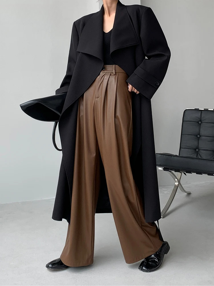 Lautaro Spring Autumn Loose Casual Wy Soft Black Brown Pu Leather Wide Leg Pants For Women High Waist Emo Korean Fashion