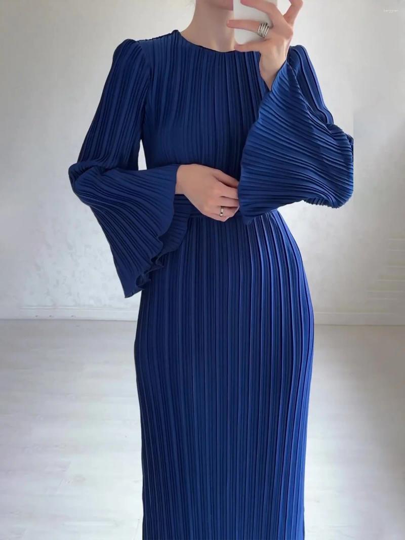 Maxi Dress Women , Round Neck Elegant Flare Long Sleeve Pleated Slim Casual Dresses For Office Streetwear