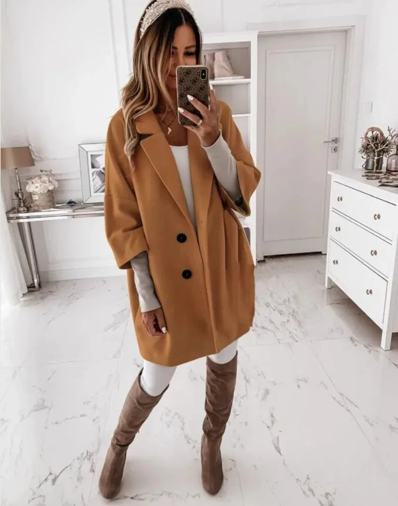 Autumn Winter Womens 34 Long Sleeve Button Lapel Pocket Woolen Warm Jacket Coat Solid Color Minimalist and Versatile 241121