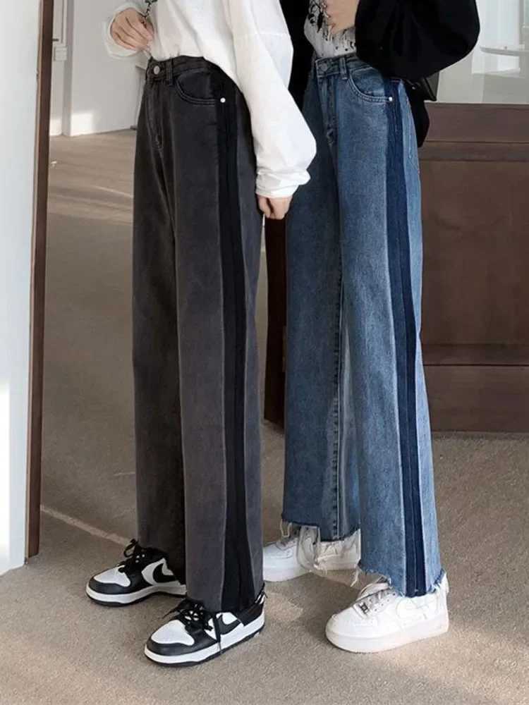 Women's Jeans Ankle Length New High Waist Side Stripe Straight Jeans Womens Baggy Big Size 5XL Wide Leg Jeans Spring from South Korea H241130