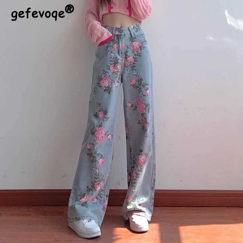 Women's Jeans Womens retro rose flower print chic Harajuku jeans Korean casual T-shirt denim high waist straight wide leg mens style H241130