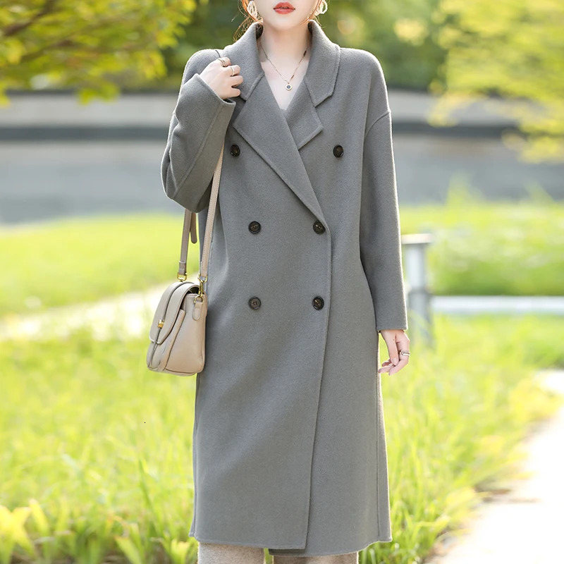 Autumn and Winter HighEnd DoubleBreasted Coat Womens Long Loose Overknee 100Wool Korean Style Versatile Trench 241129