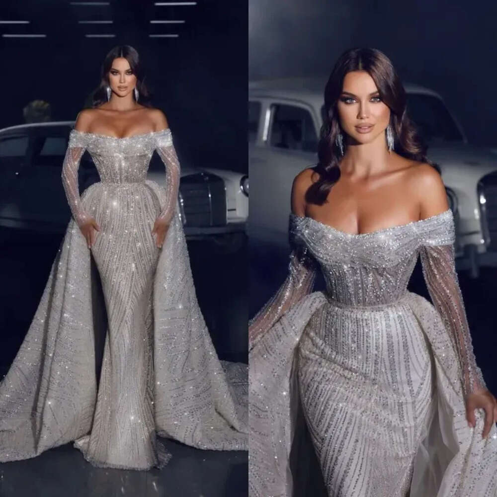 Wedding Sleeves Bateau Long Sparkling Off Shoulder Sequins Appliques D Lace Formal Dresses Detachable Bridal Gowns Sweep Train De Novia