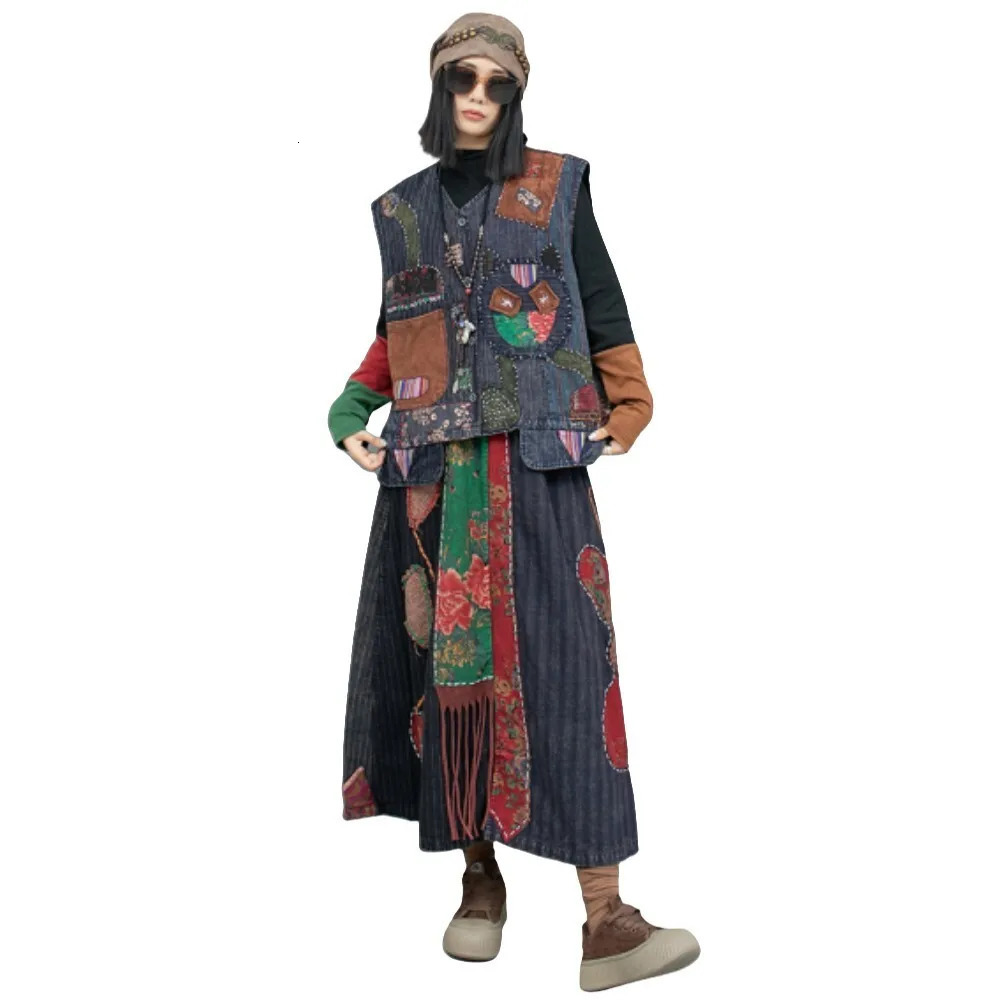 Hand Embroidered Double Layer Old Cloth Vest Skirt Two Piece Set Women Autumn Matching Dress LX2574 241129