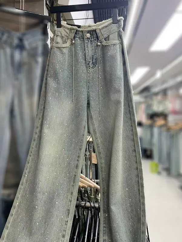 Women's Jeans Heavy duty embroidery hot diamond star hem high waisted jeans for women in summer thin and loose fashionable mop wide leg pants H24