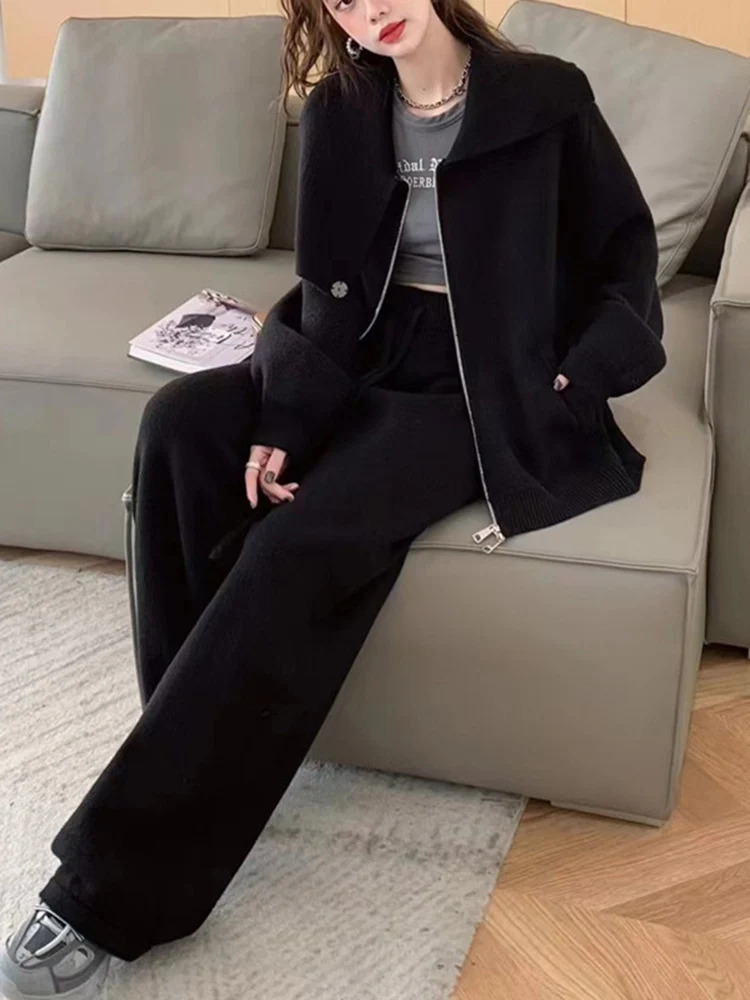 LANMREM Korean Style Knitted Set For Women Scarf Zipper Long Sleeves Sweater High Waist Pants Casual 2024 2VV156 241129
