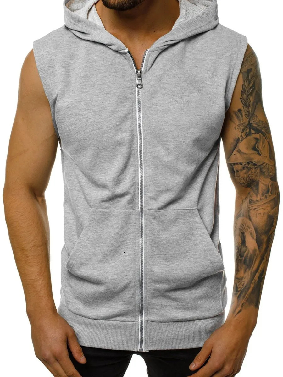 Wearing mens summer slim fashion fitness sports sleeveless vest hooded cardigan jacket trendy men 241129