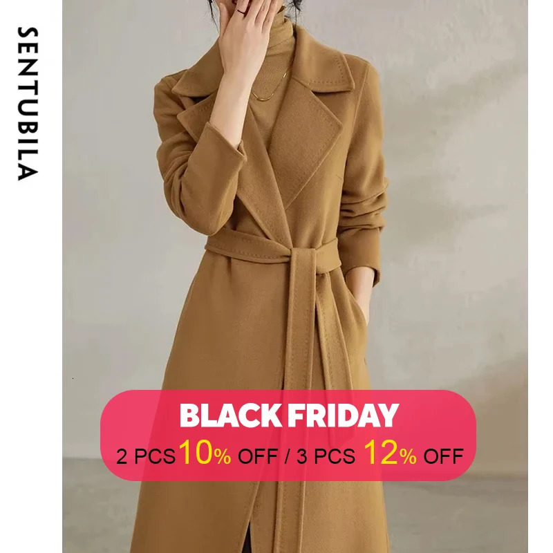 SENTUBILA Women 100 Wool Long Wrap Coat 2024 Elegant Notched Collar Belted Warm Double Faced Woolen Winter Overcoat W24O43352 241129