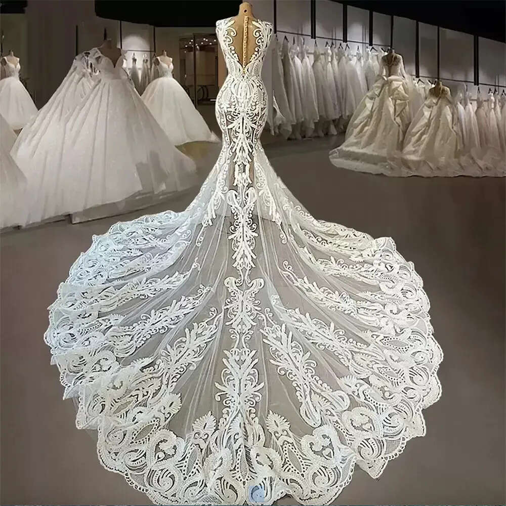 Lace Iovry Sexy Mermaid Wedding Dresses Sheer Jewel Neck Appliqued Country Bridal Party Gowns Vestidos De Novia