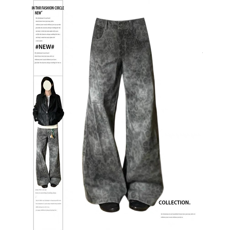 Vintage 90S Leopard Print Pantalon Femme Wide Leg Pants Women High Waist Straight Y2k Jeans Casual Fashion Korean Jean Trousers