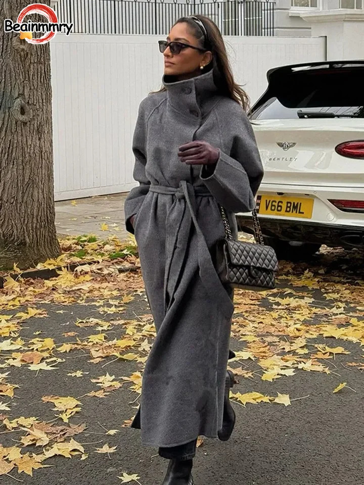 2024 Women Lace Up Woolen Quilted Overcoat Fashion High Collar Single Breasted Full Sleeve Coat Lady Winter Warm Streetwear 241121