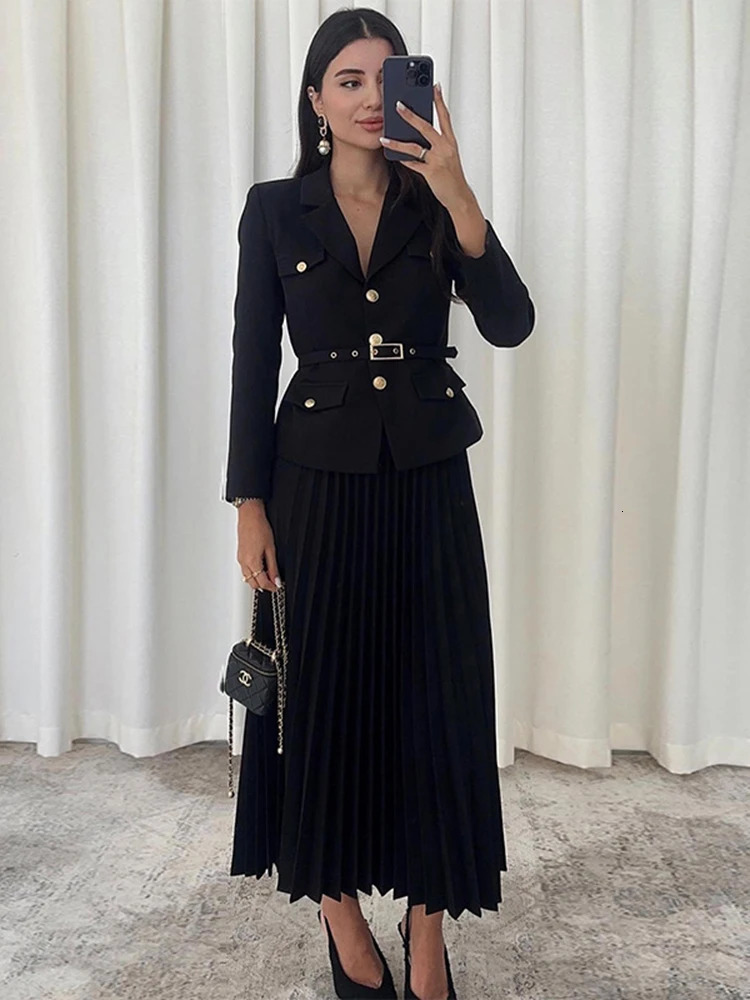 Long Dresses for Women Two Piece Dress Autumn Suit Collar Sleeve Pleated Skirt ALine Slim Belt Black Twopiece Set 241129