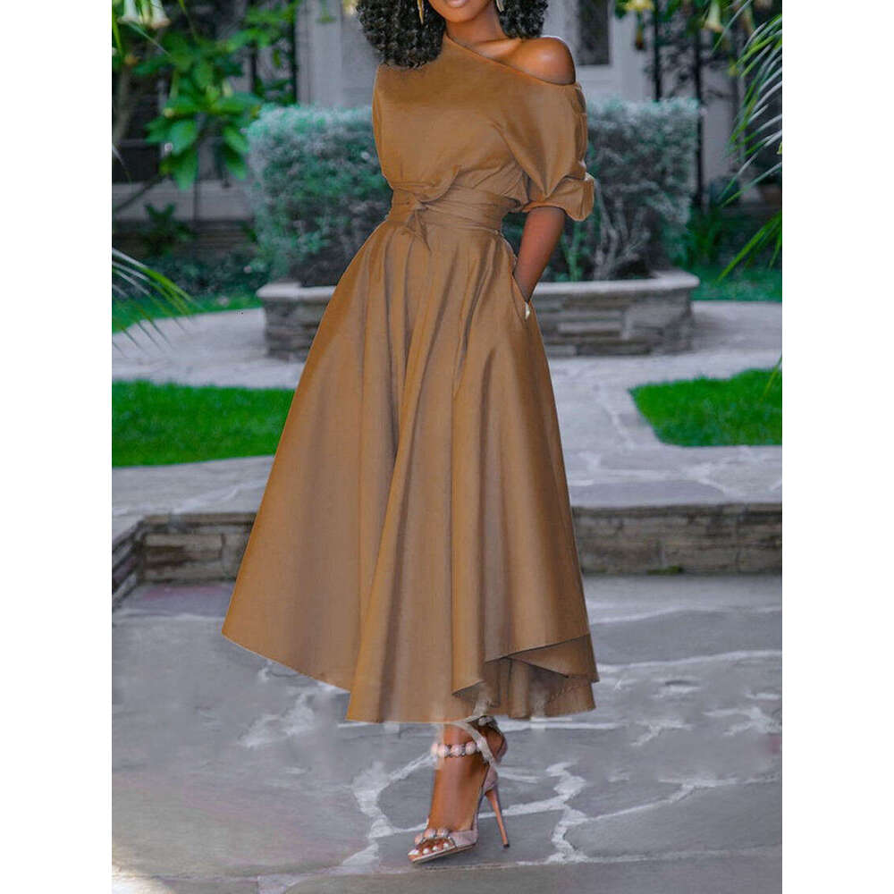 spring summer European and American women's single shoulder lace up waist slimming mid length dress 2024 new casual fashion trend clothing