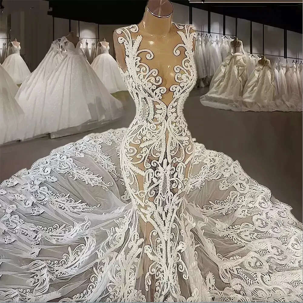 Lace Iovry Sexy Mermaid Wedding Dresses Sheer Jewel Neck Appliqued Country Bridal Party Gowns Vestidos De Novia